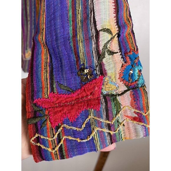 Chicos Silk Floral Jacket L Red Striped Beaded Artsy Boho Sequin Embroidery Chic - Picture 3 of 16